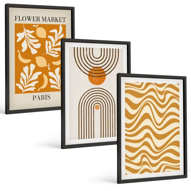 Coloray 3-Delige Schilderij Set - Modeposters Met Bloemen- En Geometrische Patronen - 40 x 60 cm - Decoratieve Muurdecoratie - Slaapkamer - Decoratieve Schilderijen Zwarte lijst