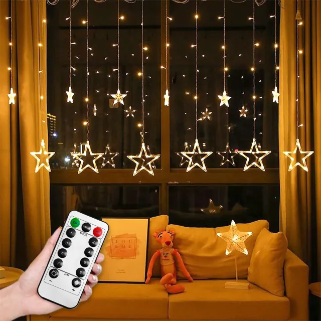 NAIZY Fairy Lights Sterrenfee met USB en stekker, 3 m lang, 138 LED-fee met gordijnster met afstandsbediening, 8 modi voor feest, Kerstmis, bruiloft, verjaardag, warm wit