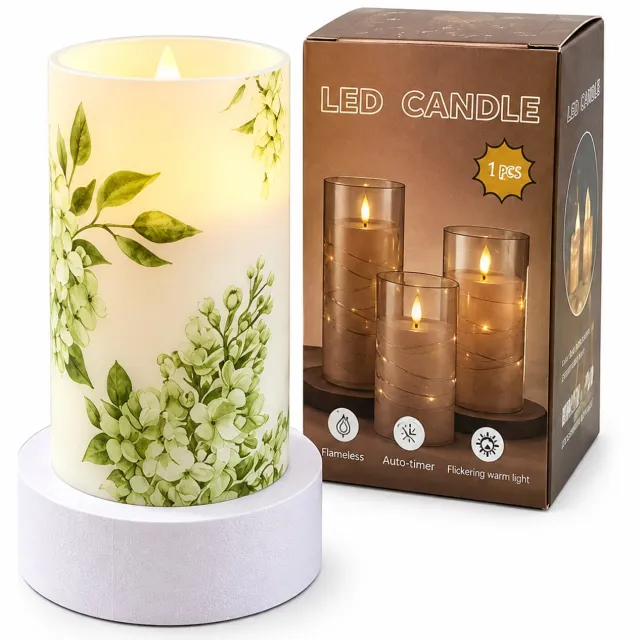 SWGOTA led kaarsen met bewegende vlam - landelijke bloemenprint, kunststof, 7,5 x 15 cm, warm licht, zonder batterijen, in doos Wit
