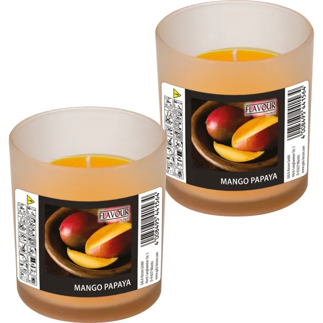 Conpax Candles geurkaars - 2x - mango/papaya geur - oranje - 8 branduren - in glas - aroma kaars Donkergeel