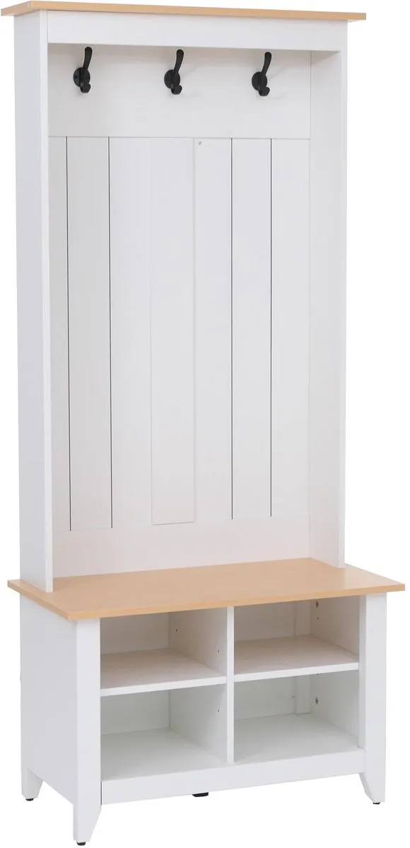MCW Garderobekast MCW-P28, staande garderobekast met schoenenrek en zitbank, 3 haken, 4 opbergvakken, melamine, 170 x 76 x 39 cm ~ wit, naturel