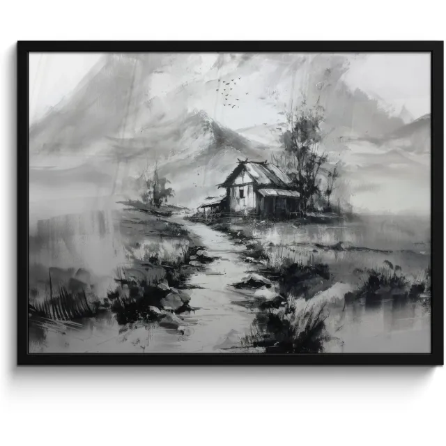 FrameYourWall Poster in lijst - Fotolijst 70x50 cm - Posters - Hut - Grijs - Bergen - Mistig - Posterlijst zwart - Decoratie - Wanddecoratie woonkamer - Muurdecoratie slaapkamer
