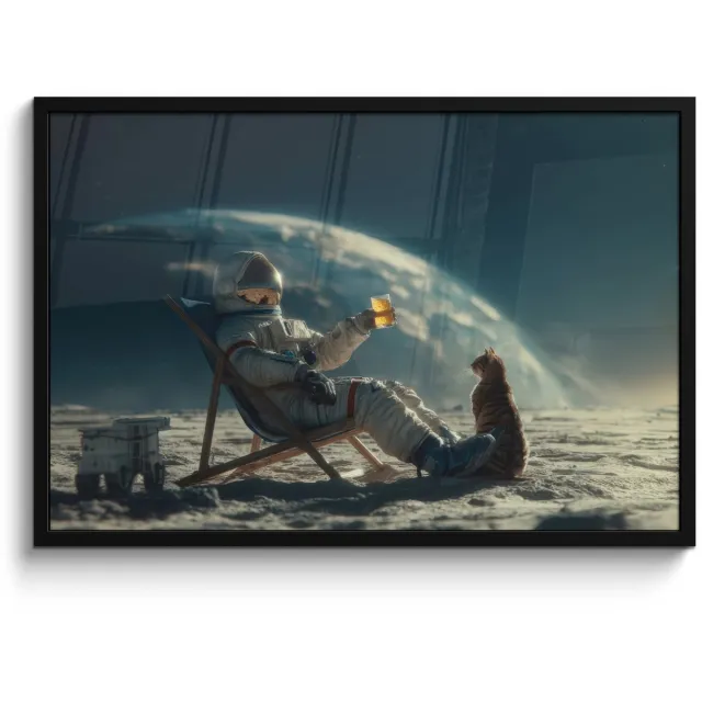 FrameYourWall Poster in lijst - Fotolijst 90x60 cm - Posters - Astronaut - Kat - Glas - Stoel - Posterlijst zwart - Decoratie - Wanddecoratie woonkamer - Muurdecoratie slaapkamer