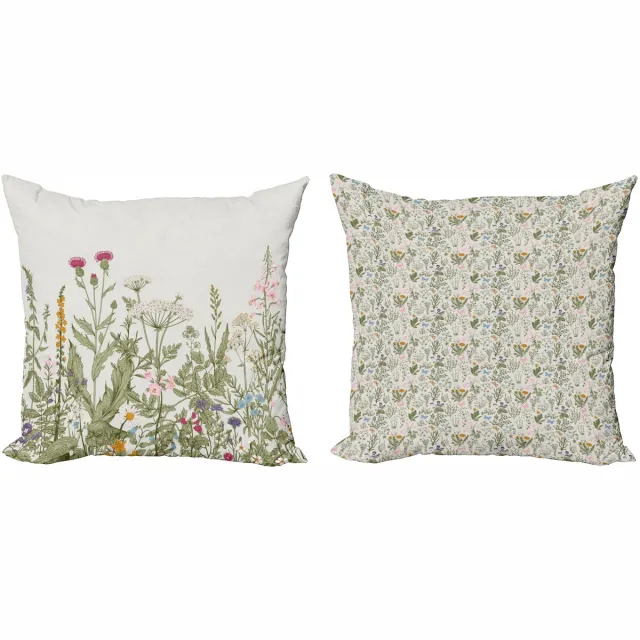 ABAKUHAUS Vintage Sierkussenhoes Set van 2, Feld Kräuter en Bloemen, Modern Accent Dubbelzijdige Digitale Print, 40 x 40 cm, Eierschaal en Meerkleurig