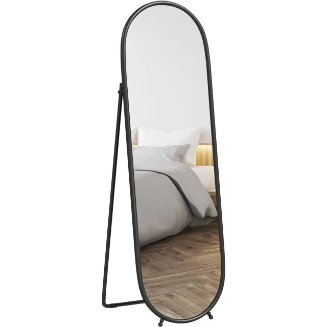 Lunpog Spiegel op ware grootte - 160 x 40 cm wandspiegel met standaard - metalen frame - ovale staande spiegel voor woonkamer - slaapkamer Noir
