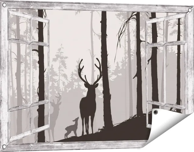 Gards Tuinposter Doorkijk Herten in het Bos - Silhouet - 90x60 cm - Tuindoek - Tuindecoratie - Wanddecoratie buiten - Tuinschilderij Grijs