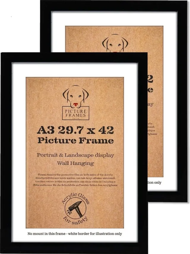 Picture Frame UK Set van 2 Fotolijsten Fotomaat A3 (29,7x42 cm) - MDF Hout- Zwart - Fotokader - 25mm profielbreedte - Posterlijst