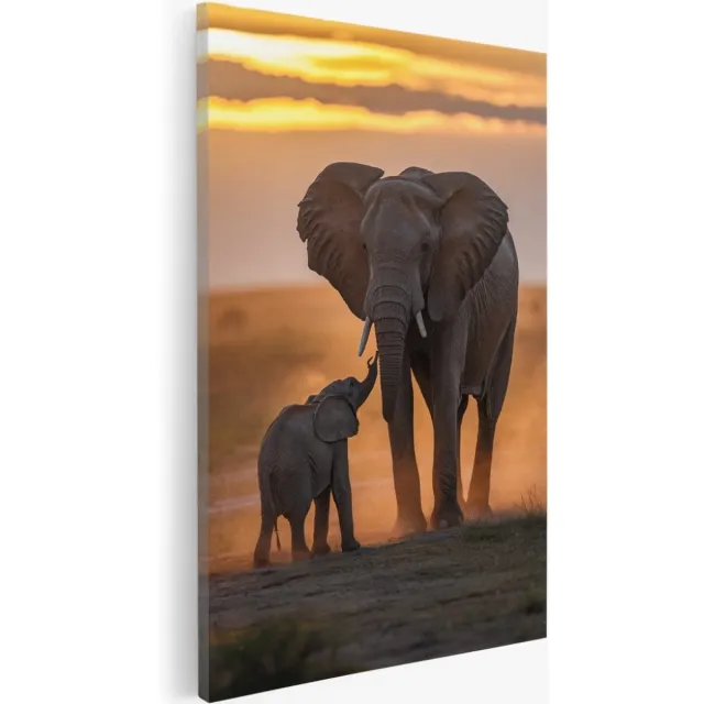 Saammp Canvas Schilderij - Olifant met kalf - Abstract - Dieren - 50x70 - Foto op canvas - Wanddecoratie - Muurdecoratie Woonkamer - Slaapkamer decoratie - Canvas Print Multicolor