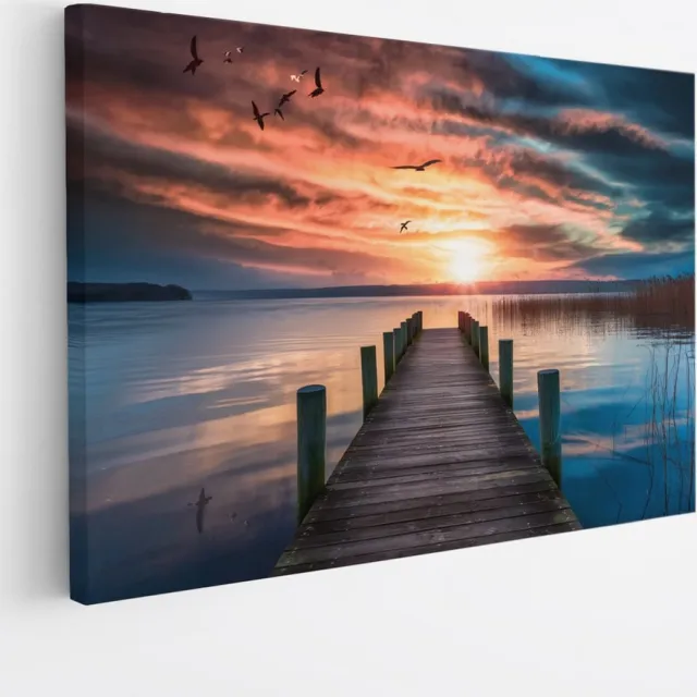 Saammp Canvas Schilderij - Steiger met vogels - Landschap - Natuur - 60x40 - Foto op canvas - Wanddecoratie - Muurdecoratie Woonkamer - Slaapkamer decoratie - Canvas Print Multicolor