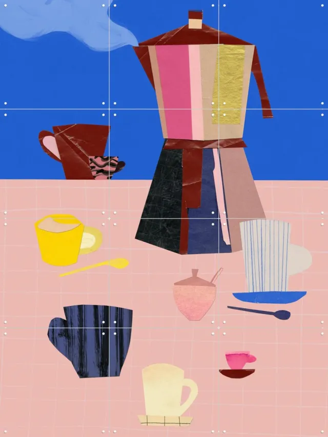 IXXI Espresso 4, Signorinah - 60 x 80 cm - Grote wanddecoratie en posters - Geometrische Kunst, Speels, Kleurrijk, Collage, Illustraties, Vintage Blauw