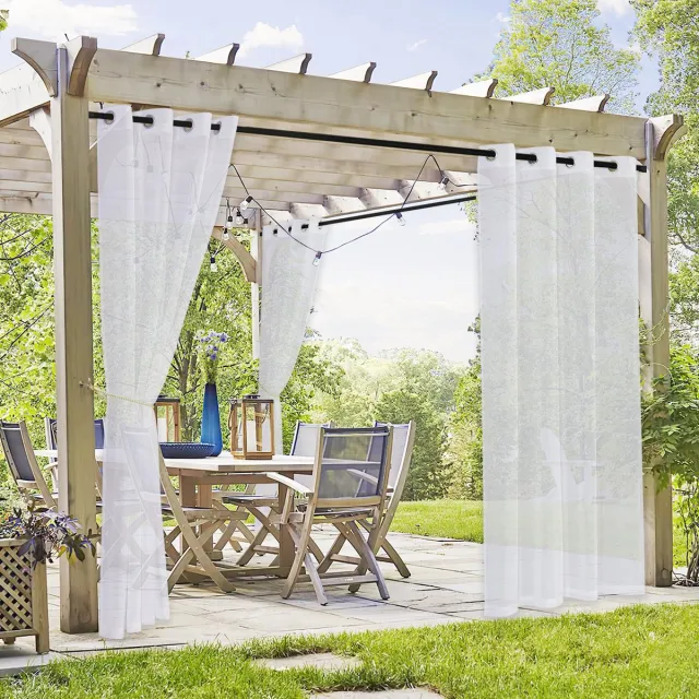 Ibenzoa Transparante Waterafstotende Gordijnen voor Terras en Tuin met Ingestanste Ringen, Set van 2, Linnenlook wit