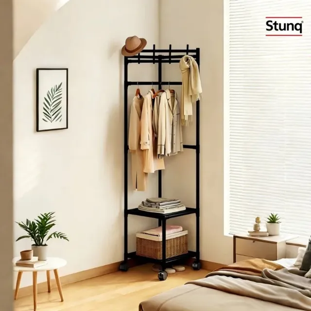 Stunq Multifunctionele Opberghoekhanger – 2-Laags Kledingrek met Schoenenrek en Haken, Zwart