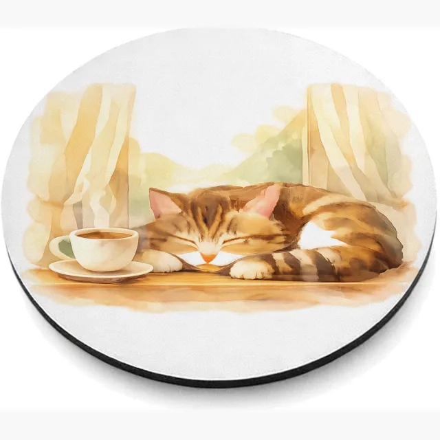 Mr Cadeautjes MDF magnetische fotolijst rond Ø 9,5 - design Een slapende kat op een vensterbank met een kopje thee en za | cadeau Wit