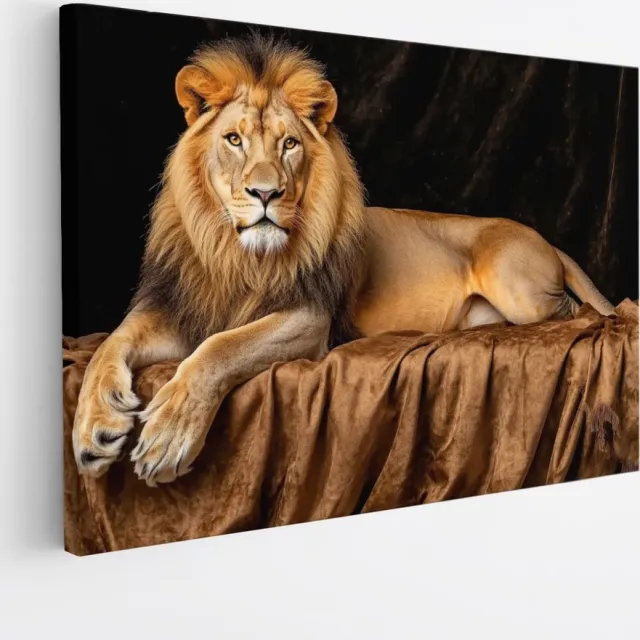 Saammp Canvas Schilderij - Leeuw op deken - Kunst - Dieren - Abstract - 45x30 - Foto op canvas - Wanddecoratie - Muurdecoratie Woonkamer - Slaapkamer decoratie - Canvas Print Multicolor