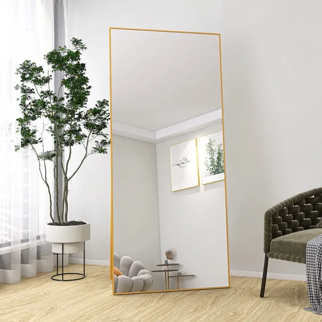 Yelenaro Staande Spiegel 180 x 80 cm, Wandspiegel, Rechthoekige Passpiegel met Aluminium Frame, voor Badkamer, Slaapkamer en Hal, Goud Goud Rechthoekige