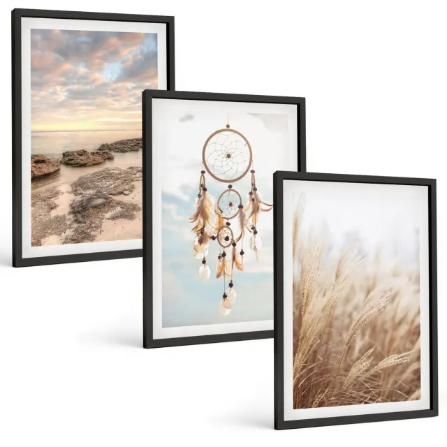 TULUP 4-Delige Schilderij Set - Zeezicht met wolken, dromenvanger en gras - 40 x 60 cm - Decoratieve Schilderijen - Woonkamer - Interieur - Muurdecoratie Zwarte lijst