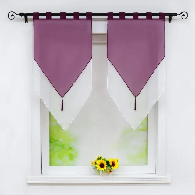 Ibenzoa Vitrage gordijnen met speels kwastjesdesign en lussen in paarswit, set van 2 stuks paars wit