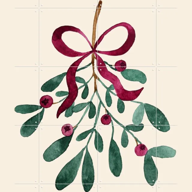 IXXI Winter Berry Mistletoe, Palmartprints - 80 x 100 cm - Grote wanddecoratie en posters - Illustraties, Aquarel, Trap, Woonkamer, Gang, Kerst Beige