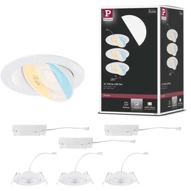 Paulmann LED-inbouwlamp White Select Aumus Set van 3 rond 105 mm 90° 3x5W 3x700lm 230V dimbaar White Select Wit
