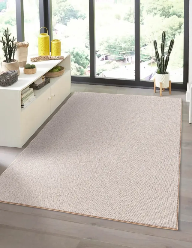 the carpet Natal Modern enkelkleurig vloerkleed woonkamer, geschikt voor de keuken, getuft, robuuste korte pool met vilten rug, zacht & vuilafstotend, Beige, 80 x 150 cm