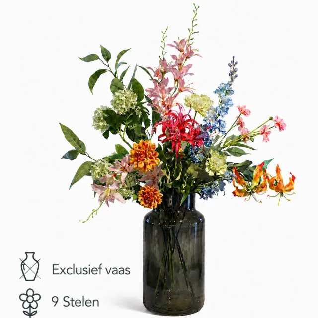 Bloemenjunkie Kunstbloemen - Zijden Bloemen Boeket - Nepbloemen - Kunstboeket - 75cm Hoog - Luxe & Onderhoudsvrij - Gloriosa - Scabiosa - Vaas Rose