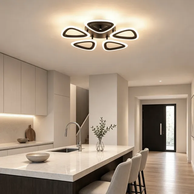 Lemlit LED Plafondlamp 35W, Moderne Plafonnière met 5 Lichtkoppen, 3000K/4500K/6500K, Geheugenfunctie, 48x48x7 cm - Zandzwart Zandzwart-35W