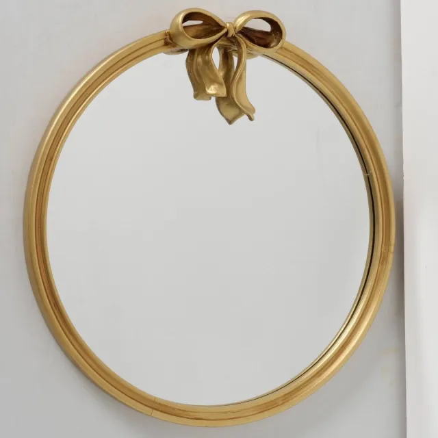 Boltze Wandspiegel Celina - goud - rond - vintage - klassiek - Dia 52cm - met strik motieg - sfeervol - speels - badkamer - toilet Goudkleurig