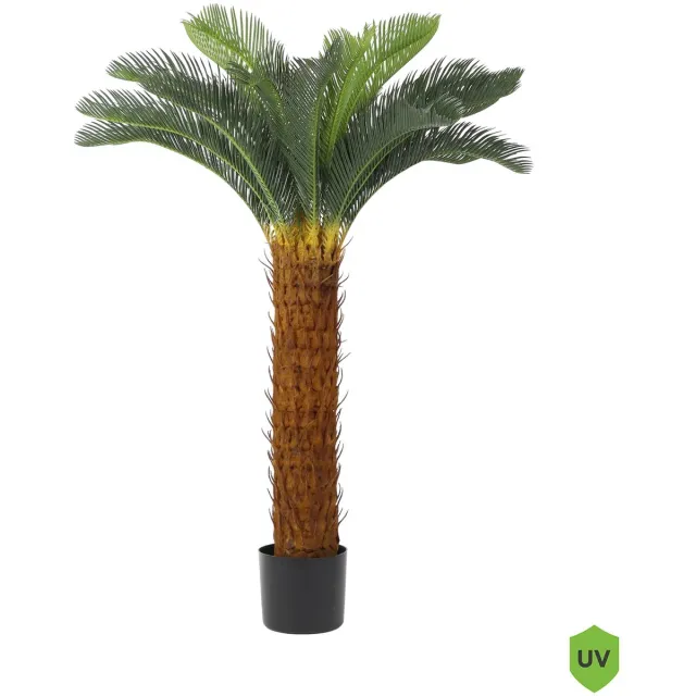 Kunstpalm Kunst Cycaspalm | 125cm – Cycas Nep Palmboom – Nep Palmplant – Dikke Stam - Binnen & Buiten– Tropische Kunstplant – Extra Vol Donkergroen