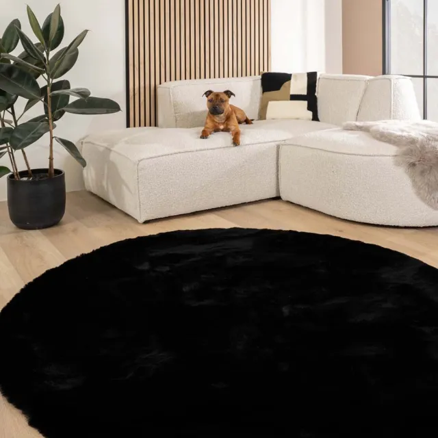 Tapeso Fluffy vloerkleed rond - Comfy Deluxe zwart 100