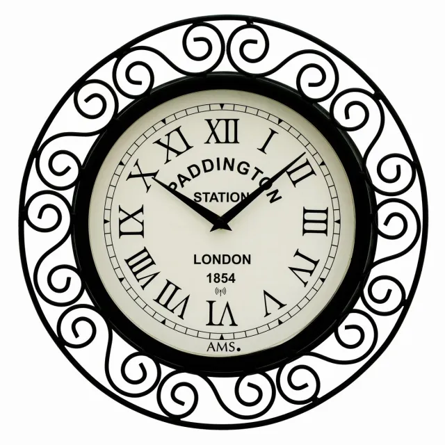 AMS F5589 - Wandklok - Analoog - Radiogestuurde tijdsaanduiding - Rond - Metaal - Kunststof - Mineraal Glas - Romeinse Cijfers - Zwart - Wit