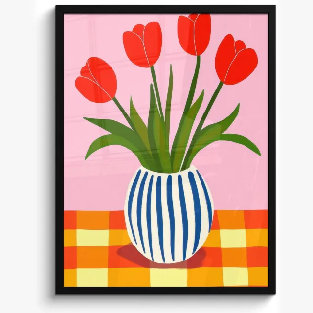 FrameYourWall Poster in lijst - Fotolijst 50x70 cm - Posters - Tulpen - Roze - Vaas - Posterlijst zwart - Decoratie - Wanddecoratie woonkamer - Muurdecoratie slaapkamer