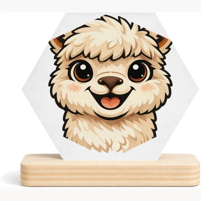 Mr Cadeautjes MDF fotolijst/inleg hexagon 14 x 13 - design Een vrolijke alpaca met grote, nieuwsgierige ogen en een bre | cadeau Wit