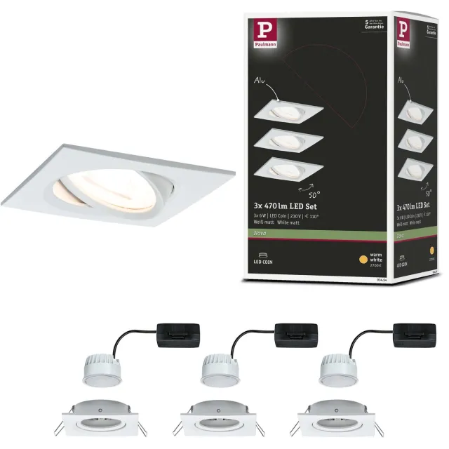 Paulmann LED-inbouwlamp Nova Coin Set van 3 zwenkbaar hoekig 84x84 mm 50° Coin 3x6W 3x470lm 230V 2700K Wit mat