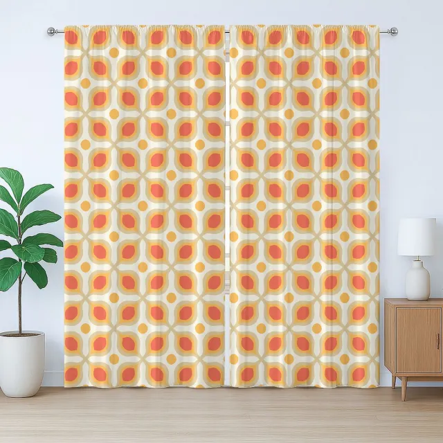 ABAKUHAUS Vintage Rustiek Gordijn, Jaren 70 Boho Geometrisch, met Bandjes, Lusjes en Haken voor de Woonkamer, 280 x 225 cm, Oranje Crème