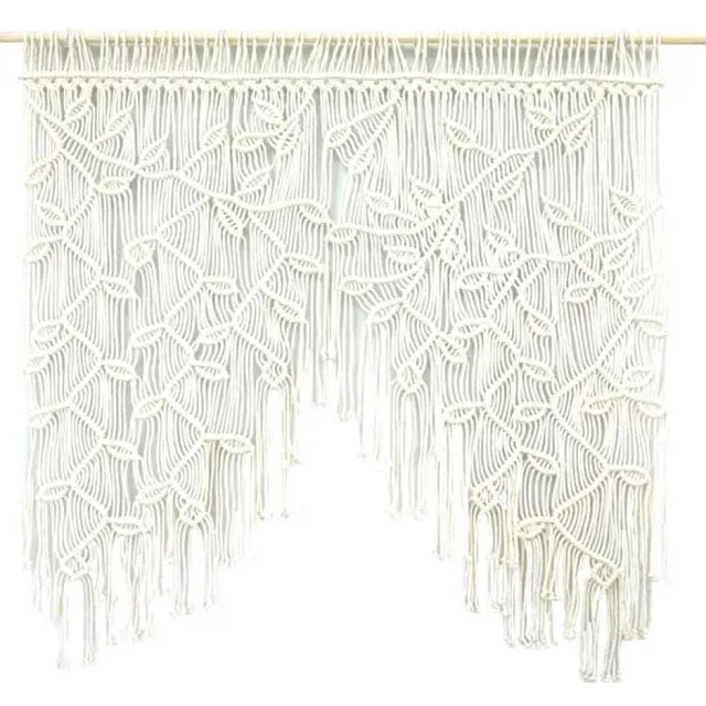 Ynkkvre Macrame Kort Gordijn – Boho Stijl – Handgemaakt – 100x100 cm – Beige – Voor Woonkamer, Deur of Kamerverdeler Wit