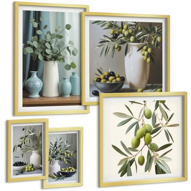 Coloray 5-Delige Schilderij Set - Groene Olijven En Bloemen In Scandinavische Stijl - 50 x 50 cm, 20 x 30 cm En 40 x 60 cm - Wanddecoratie - Schilderijen Set - Interieur - Interieur Decoratie Gouden lijst