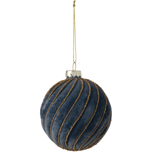 J-Line Gestreepte kerstbal - glas - donkerblauw/goud - small - set van 24