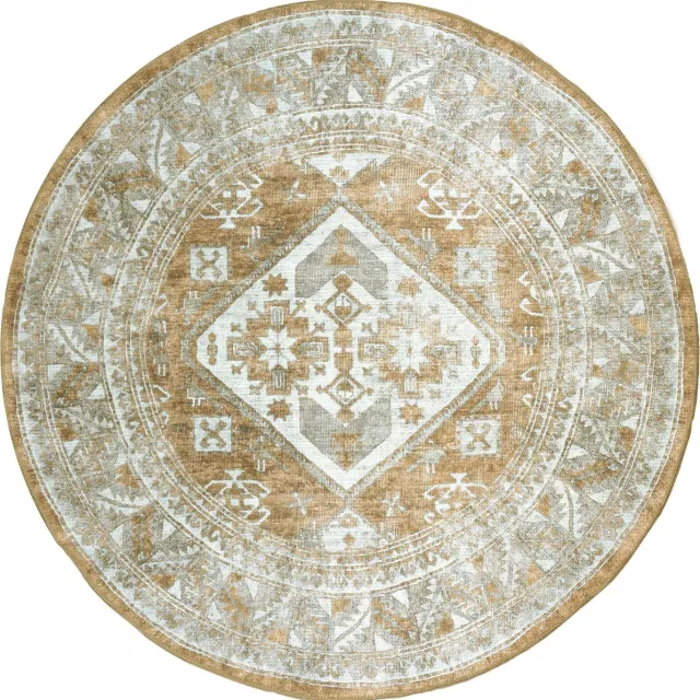 Veer Carpets Vloerkleed Laria Brown 5 Rond - ø120 cm - Laagpolig – Vintage / Klassiek Medaillon Beige