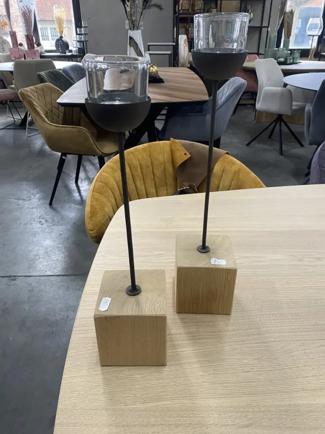 wmg Kandelaars eiken sokkel incl glas Hout