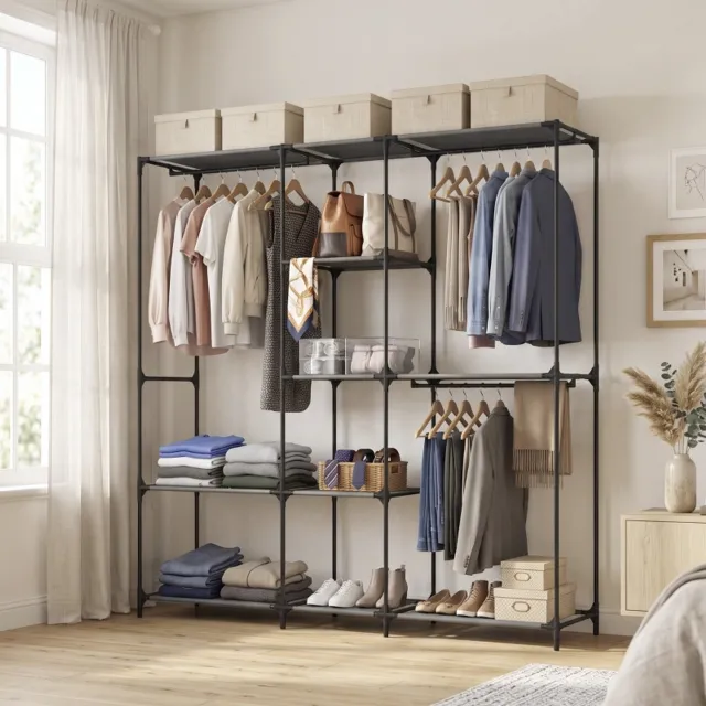OKWISH Kledingrek - 3 Kledingstangen en 5 Legplanken - Open Opbergruimte voor Slaapkamer - Staal en Polyester Zwart - 182 x 43 x 182 cm