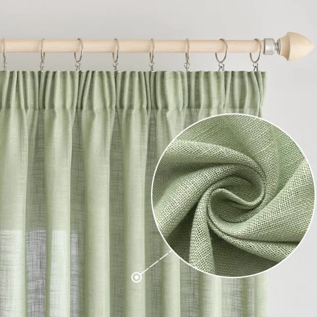 Ibenzoa Gordijnen met Linnenlook en Plooiband voor Slaapkamer en Woonkamer, 140 x 145 cm, Semi-Transparant, Modern Design groen