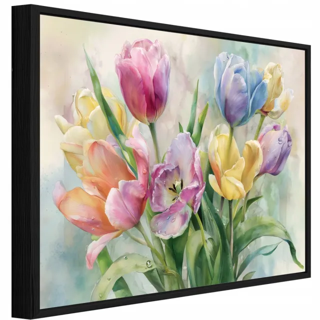 WALLARENA Schilderij op canvas in zwarte lijst - 40x30 cm - pastelbloemen - wanddecoratie woonkamer en slaapkamer Veelkleurig