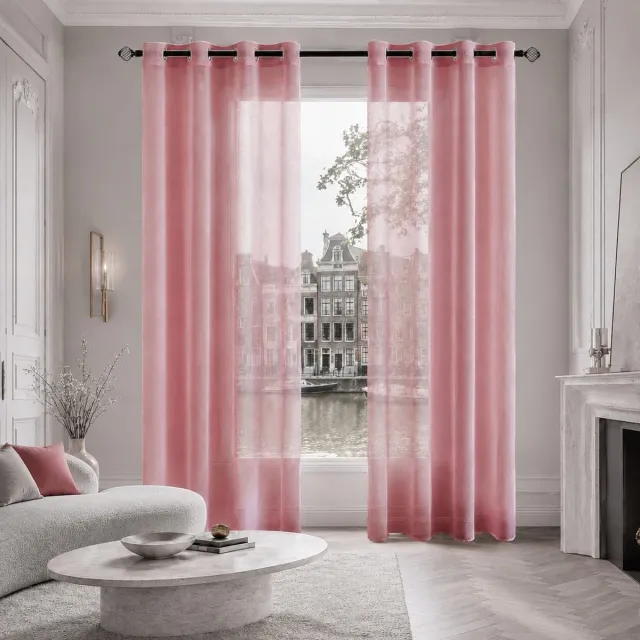 Lano&Go Set van 2 transparante vitrage gordijnen met ogen, polyester, 140 x 260 cm, donkerroze