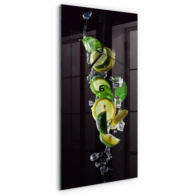 TULUP Wandklok - Limoen en citroen Wandklok Glas Decoratie - 30x60 cm - Groente Gekleurde Glazen Klok - Zwarte handen - Rechthoekige Klok - Klok Glas Met Opdruk - Moderne Wandklok Glas
