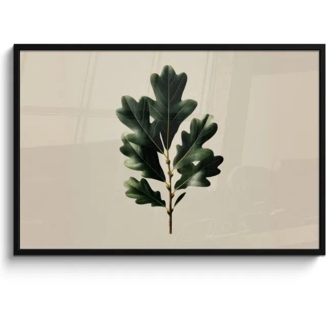 FrameYourWall Poster in lijst - Fotolijst 120x80 cm - Posters - Eikenbladeren - Beige - Groen - Golvende randen - Posterlijst zwart - Decoratie - Wanddecoratie woonkamer - Muurdecoratie slaapkamer