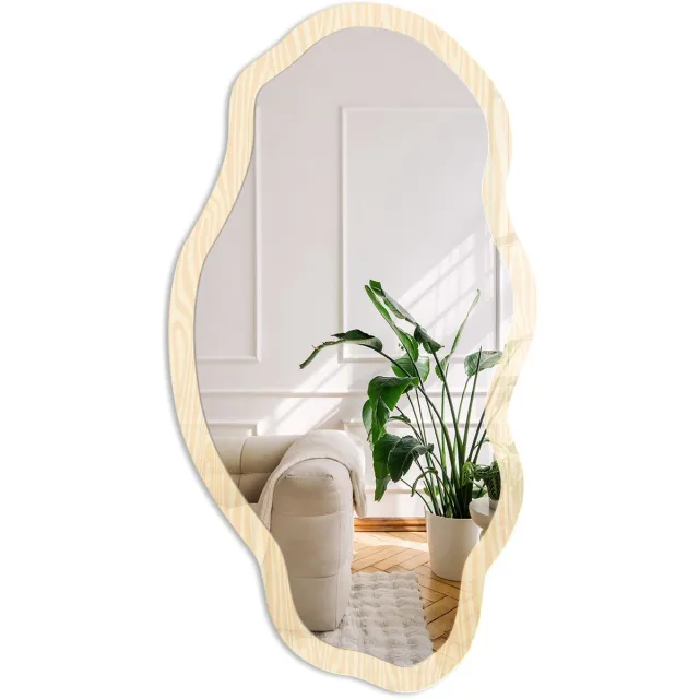 Coloray Houten Constructie Spiegel - Beige Rechthoekige Spiegel Met Modern Design - Organische Spiegel - Woonkamer - Scandinavisch - 45x90 cm - Totale afmeting 52x97 cm Houten Structuur, Beige