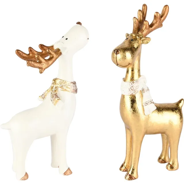 dekoratief Rendier staand m/sjaal, wit/goud, resina, 11x7x22cm, set van 2 stuks | A255221