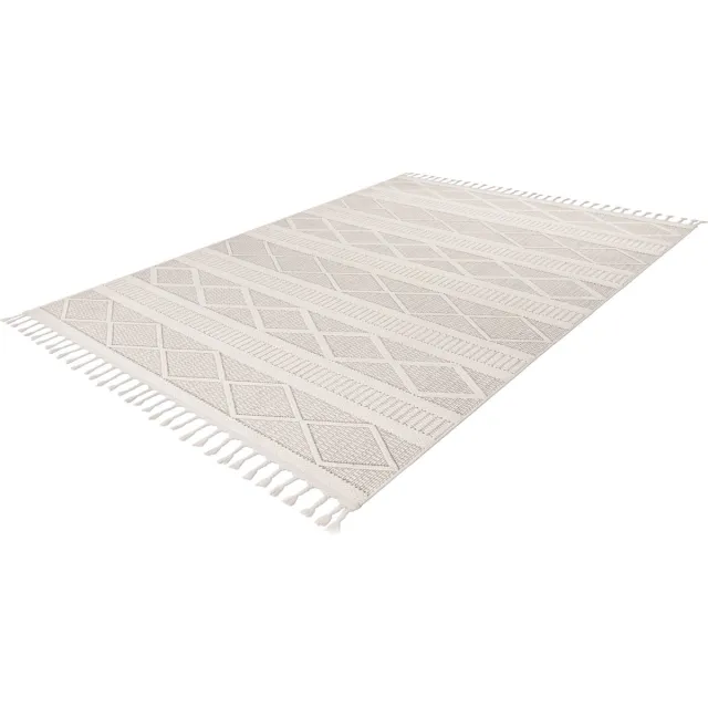 Lalee Tunis plat geweven vloerkleed Bohemian tapijt hoog en laagpolig 3d met grote franjes tijdloos 160x230cm ivoor gebroken wit ivory creme