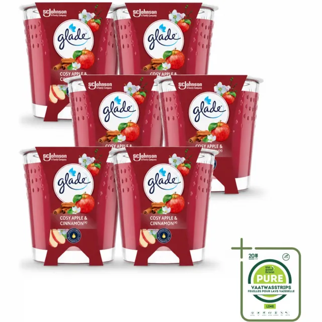 Glade 6 x Glade - Geurkaars Cosy Appel Kaneel - 100% Raapzaadwas & Vegan - 112 g - Grootverpakking - Vaatwasstrips - Geurkaars - Vegan - Warme Geur - Appel - Kaneel rood