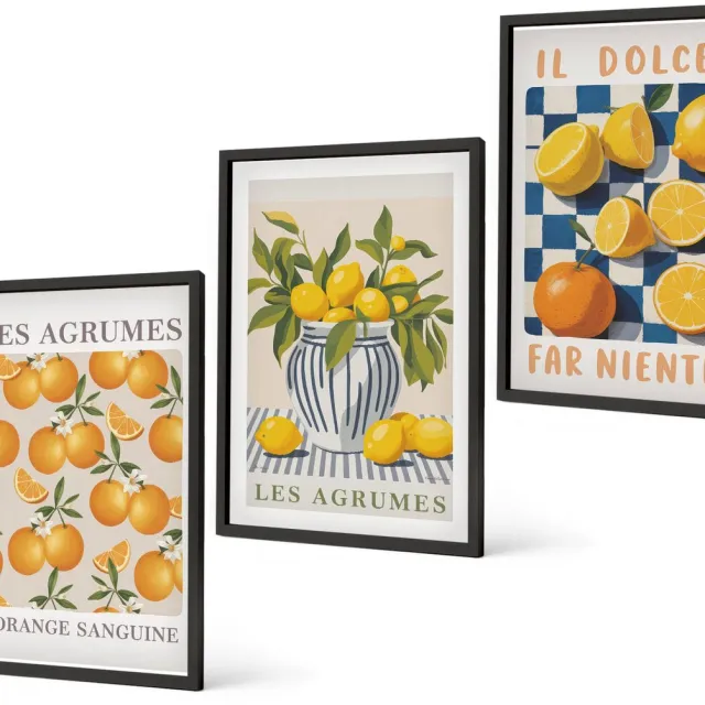 Coloray 3-Delige Schilderij Set - Retro Citrusvruchten Met Gele Accenten - 40 x 60 cm - Wanddecoratie - Muurdecoratie - Woonkamer - Interieur Decoratie Zwarte lijst